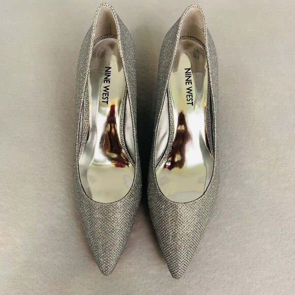 Nine West Silver Metallic Heels 7.5 Pointed Toe Pumps Wedding Party Shoes - Picture 6 of 6